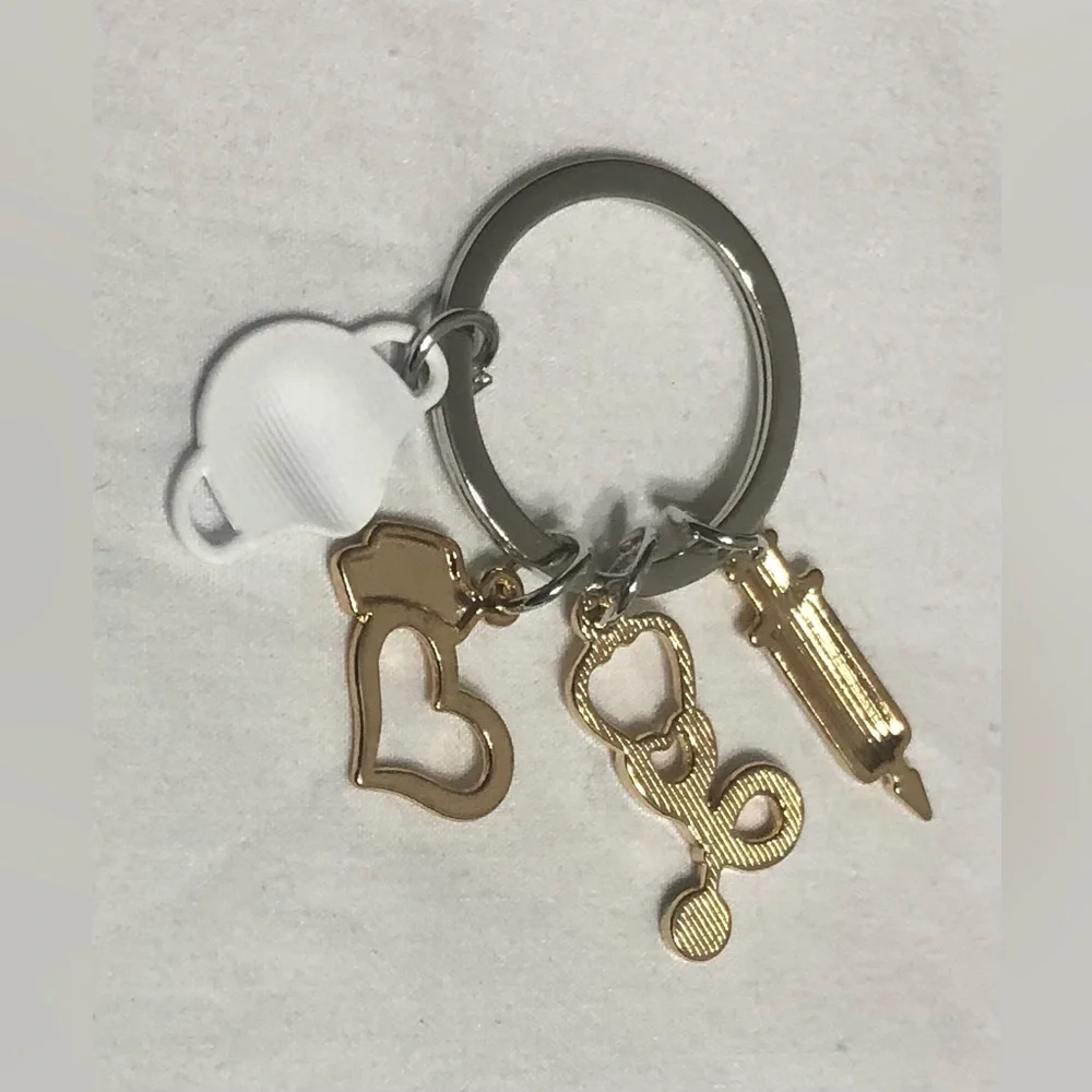 Keychain ring Doctor Nurse love cap  Medical Mask Syringe Stethoscope. White